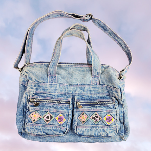 Vintage Handbags - Vtg Y2k Patchwork Denim Light Acid Wash Utility Kawaii Cute Funky Crossbody Bag